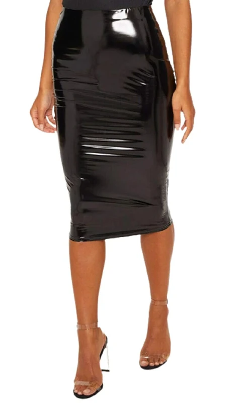 GOSTYLES® Womens Sexy Wet Look Vinyl PVC Bodycon Mini-Midi Skirt Dress, Ladies Shiny Metallic Party & Casual Wear Summer Leggings (Black Midi Skirt, L-XL)