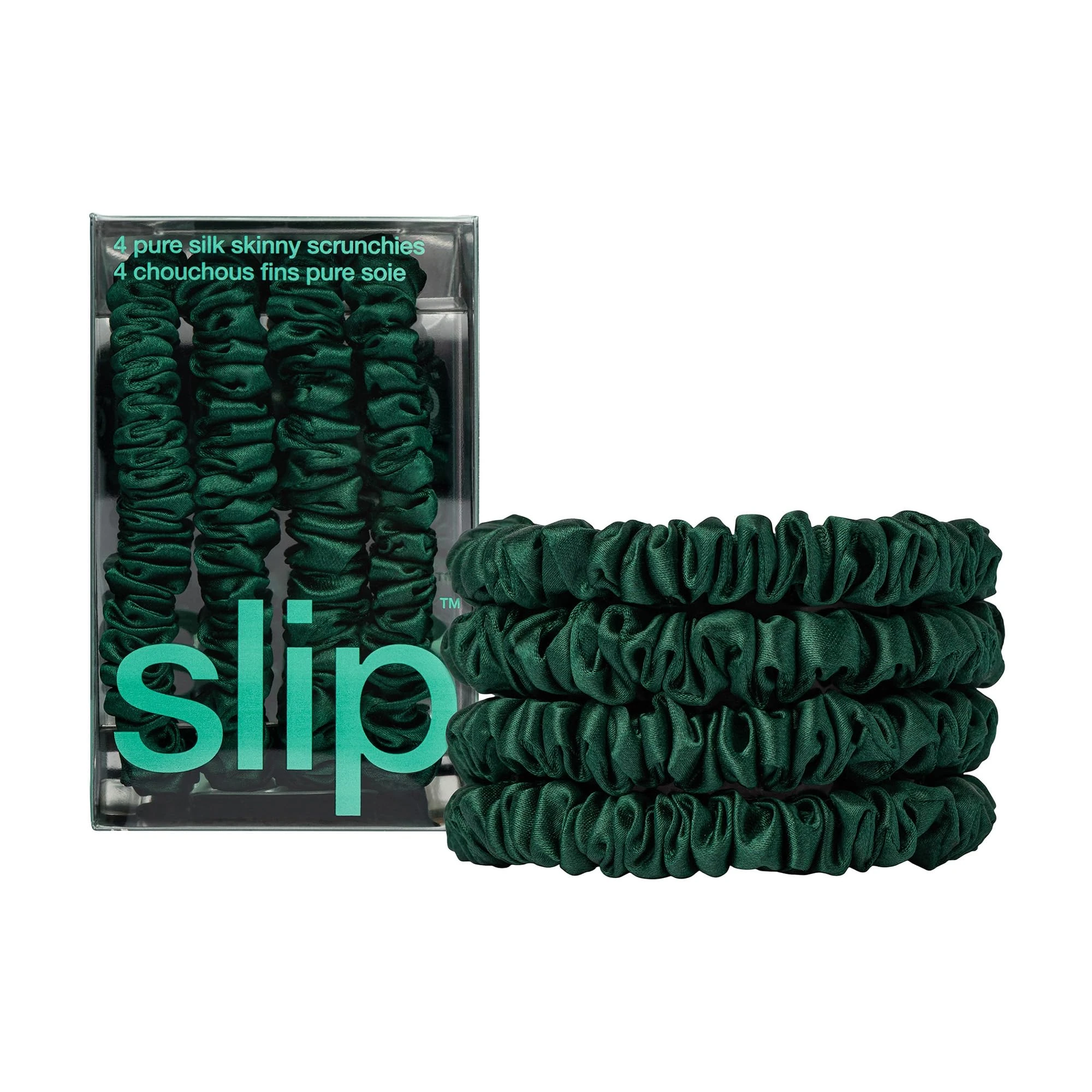 slip Skinny Forest Green Scrunchies - Back to School Range - Anti-Crease, Anti-Breakage Slipsilk Hair Ties - Design Protects Delicate Hair - Includes 4 x Pure Silk Scrunchy For Hair Pony Tails
