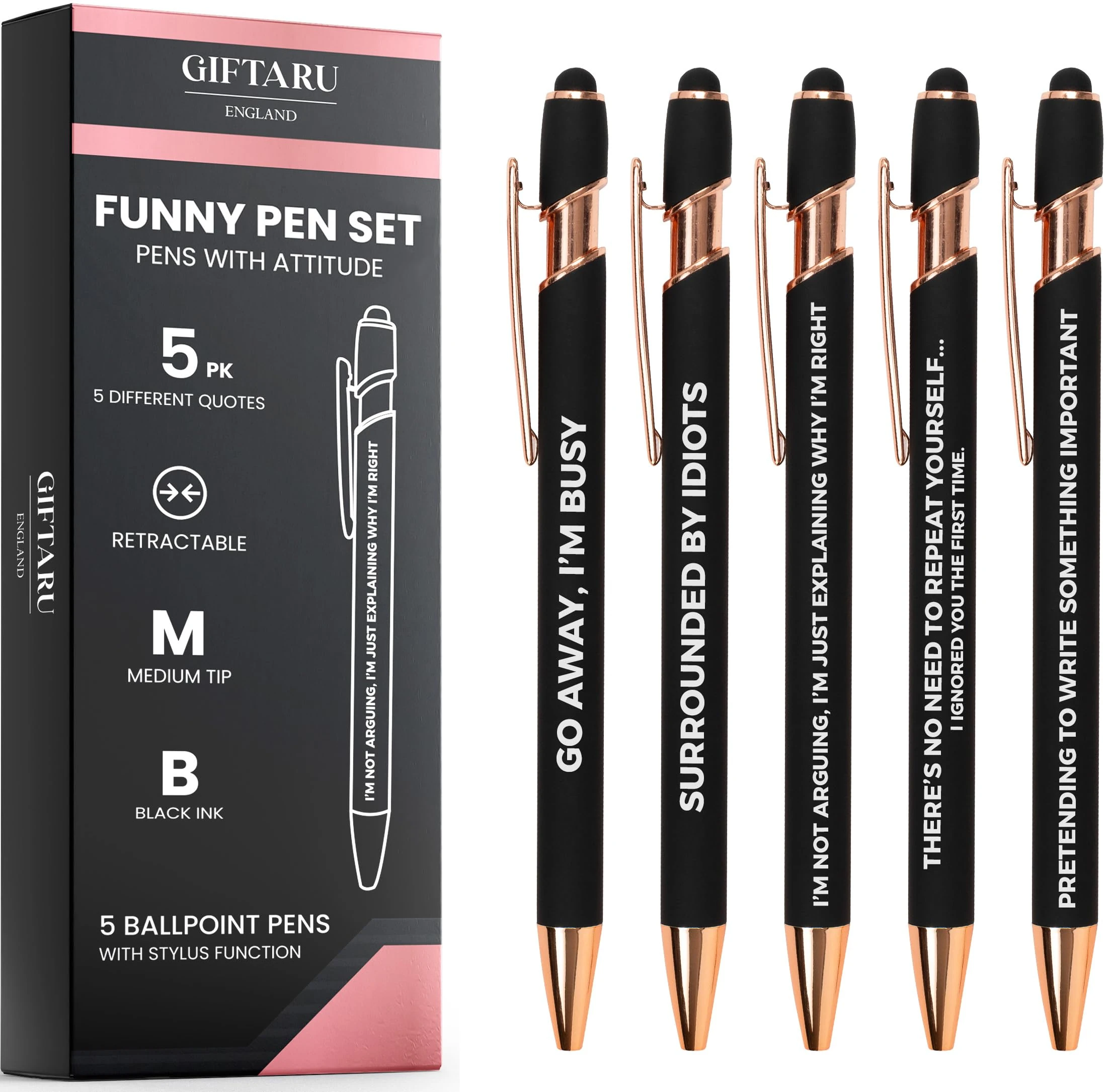 GIFTARU Funny Pens, Pack of 5 Novelty Pen Set, Birthday Gift, Gift for Work Colleagues, Cheeky Office gifts for her, Rude Swearing Pens, Quirky Sarcastic Ballpoint Pens for women and men (Rose Gold)
