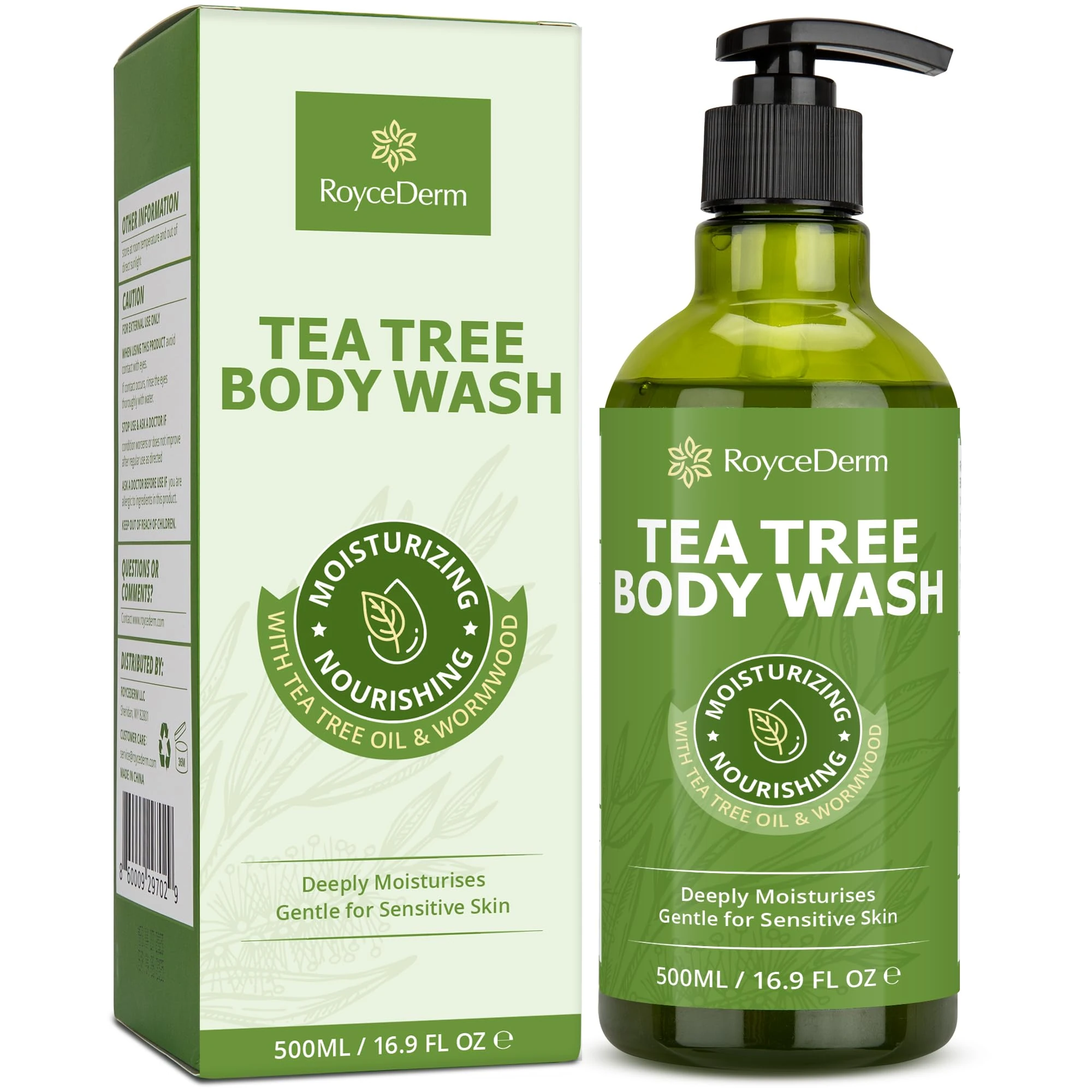 RoyceDerm Tea Tree Body Wash & Soap: Skin Care for Body Odor, Back Acne, Folliculitis, Tinea Versicolor, Jock Itch, Athlete’s Foot, and Ringworm - Gentle Cleansing with tea tree oil for Men & Women