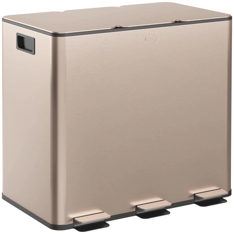 HOMCOM Triple Kitchen Bin, 3 x 15L Pedal Bin, Stainless Steel Three Rubbish Bin with Removable Inner Buckets, Soft Close Lid, Fingerprint-Proof for Recycling and Waste, Gold Tone