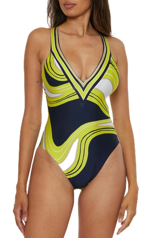 Trina Turk Women's Plunge One Piece Swimsuit, Bathing Suits, Serena (Multicolor), 12
