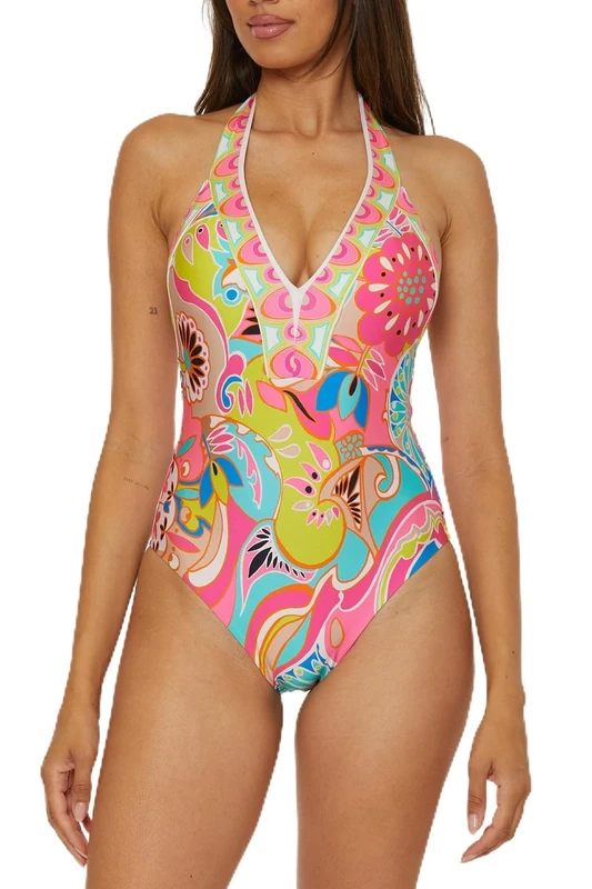 Trina Turk Women's Plunge One Piece Swimsuit, Bathing Suits, Venus (Multicolor), 12