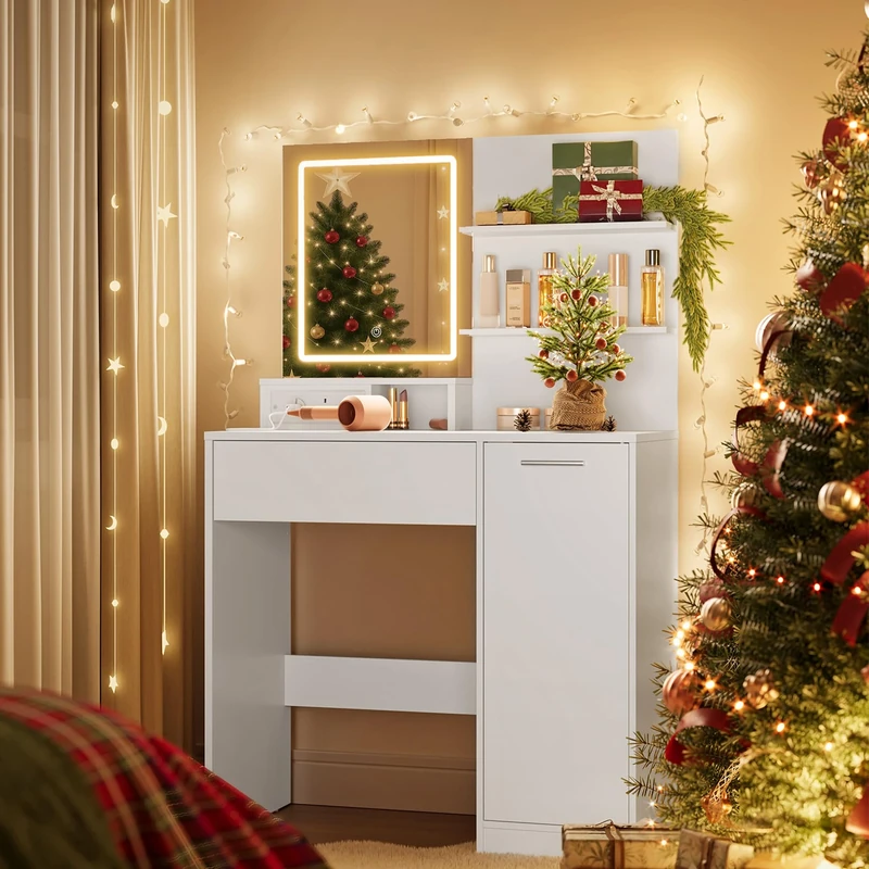 VASAGLE KAILYN Collection - Dressing Table with LED Lights and Power Outlet, Vanity Table with Mirror, Adjustable Shelves, 1 Drawer, 2 Open Shelves, Modern Makeup Desk, White RDT138W03