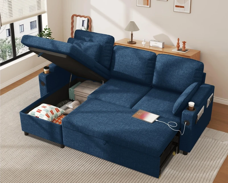 DURASPACE Sofa Bed, Sleeper Sofa Couch with Pullout Bed for Living Room, L Shaped Couch with Storage Chaise, USB, Cup Holder (Blue Linen)