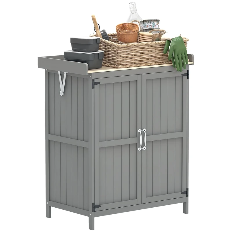 Outsunny Wooden Garden Shed, Garden Tool Storage Shed with Hinged Roof and Shelf, Outdoor Storage Cabinet with Double Doors, Grey
