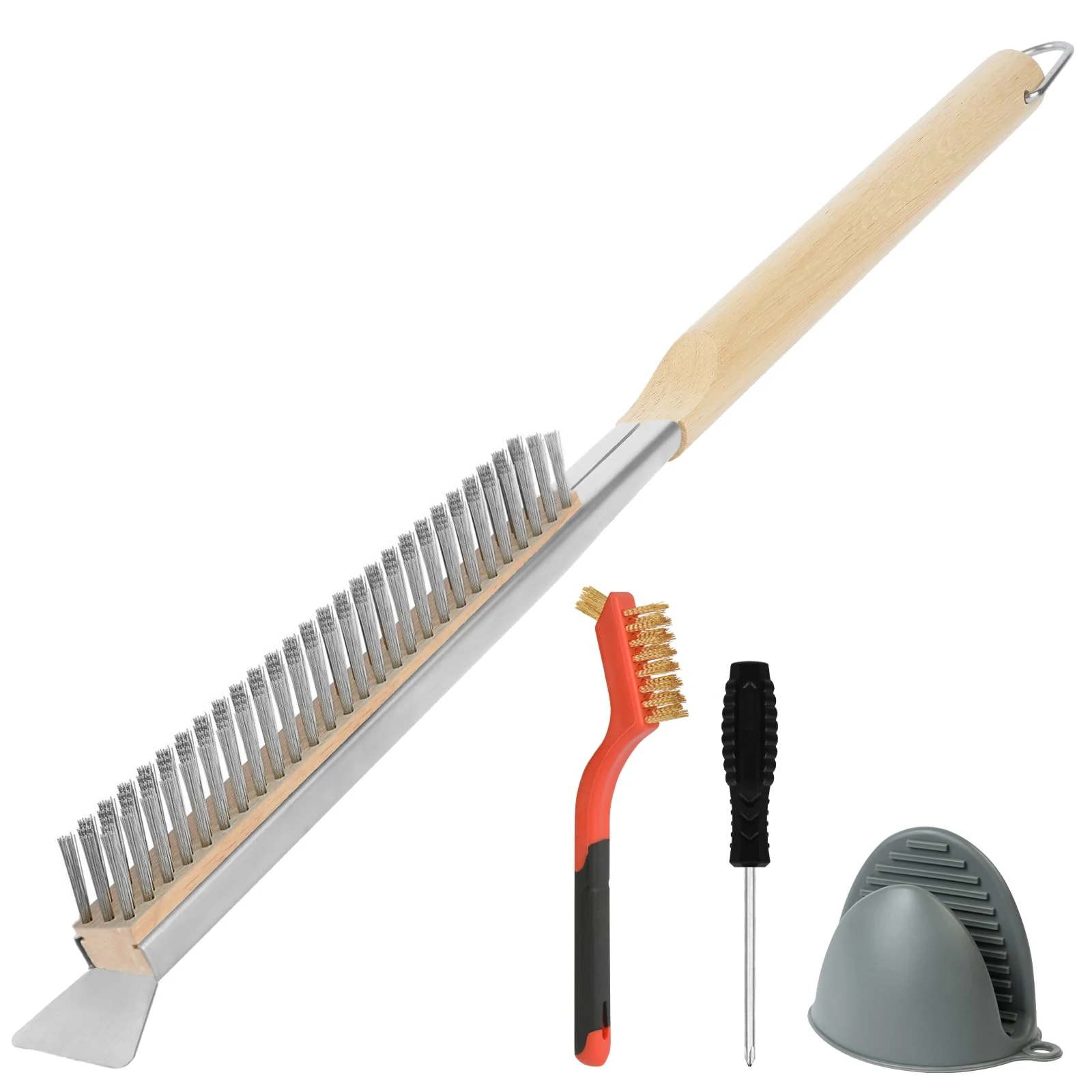 OFFCUP Pizza Oven Brush, 56CM Stainless Steel Pizza Stone Cleaning Brush with Scraper and Small Brush, BBQ Cleaning Tool with Wood Handle, Kitchen Outdoor Pizzas Oven Accessories