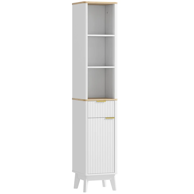 HOMCOM Bathroom Cabinet with 3 Open Shelves, Drawer and 2 Adjustable Shelves for Small Areas, 33 x 30 x 170 cm, White