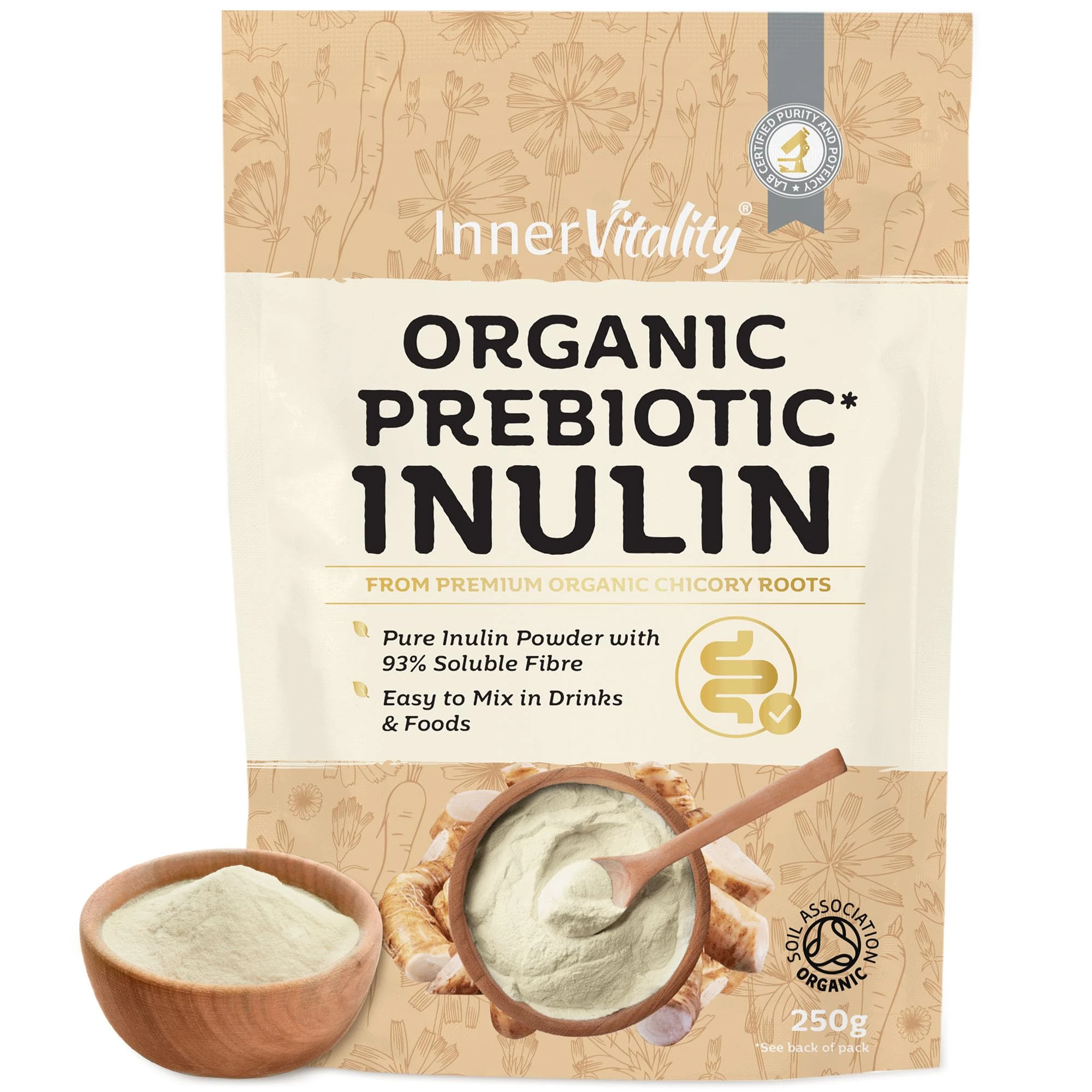 Organic Inulin Powder - 250g Prebiotic Fibre for Gut Health, Natural High Strength Fibre Supplement by Inner Vitality