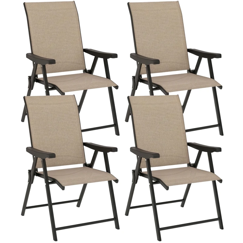 Outsunny Garden Dining Chairs Set of 4, Folding Garden Chairs with All Weather Texteline Back and Seat, Outdoor Dining Chair with Armrests, Steel Frame for Terrace Balcony, Brown