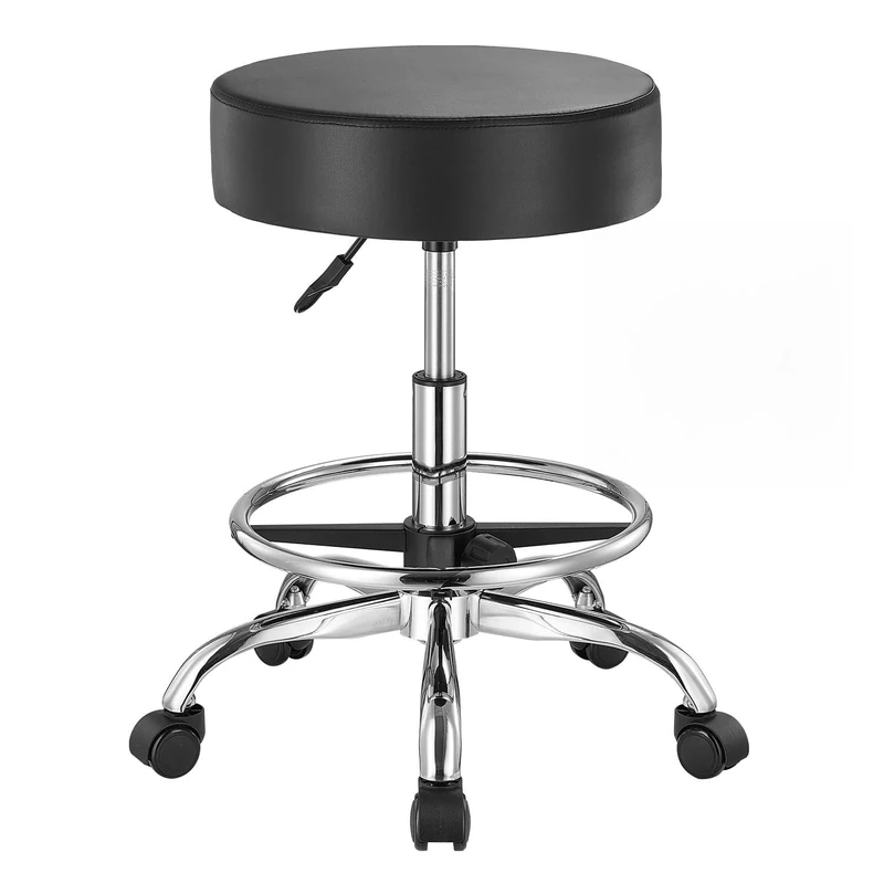 VEVOR Rolling Stool with Foot Rest and Wheels, 450 LBS Weight Capacity Round Rolling Stool Chair, Height Adjustable Thickened PU Leather Swivel Stool for Salon, Spa, Massage, Tattoo, Clinic, Black
