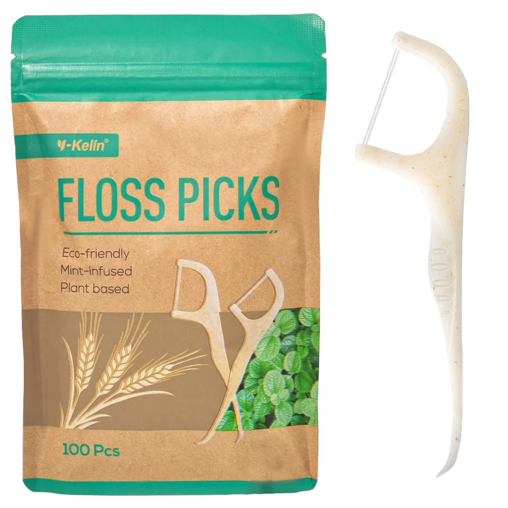 Y-Kelin Twin-Line Dental Floss Stick -100 Pcs Eco-Friendly Wheat Straw Floss Picks, Dental Floss, Teeth Cleaning,Sustainable & Reusable, Vegan & Cruelty-Free