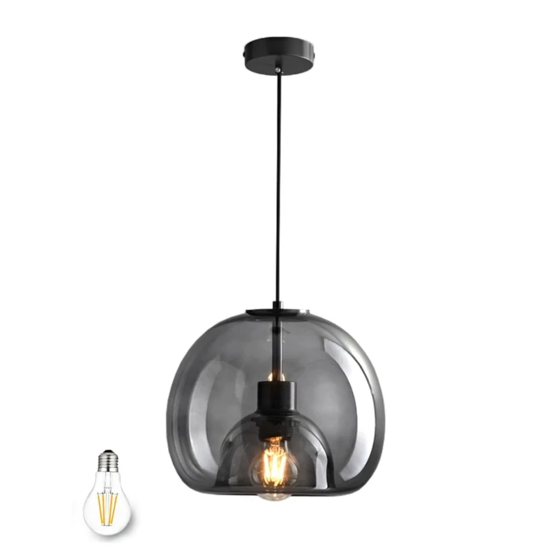 Bravsekai Glass Pendant Kitchen Island Light, 1 Pack Smoke Glass Pendant Lighting fixtures with E27 Bulb, Adjustable 130cm Cord, Modern Light for Kitchen Island, Dining Room(23cm, 1-Pack)