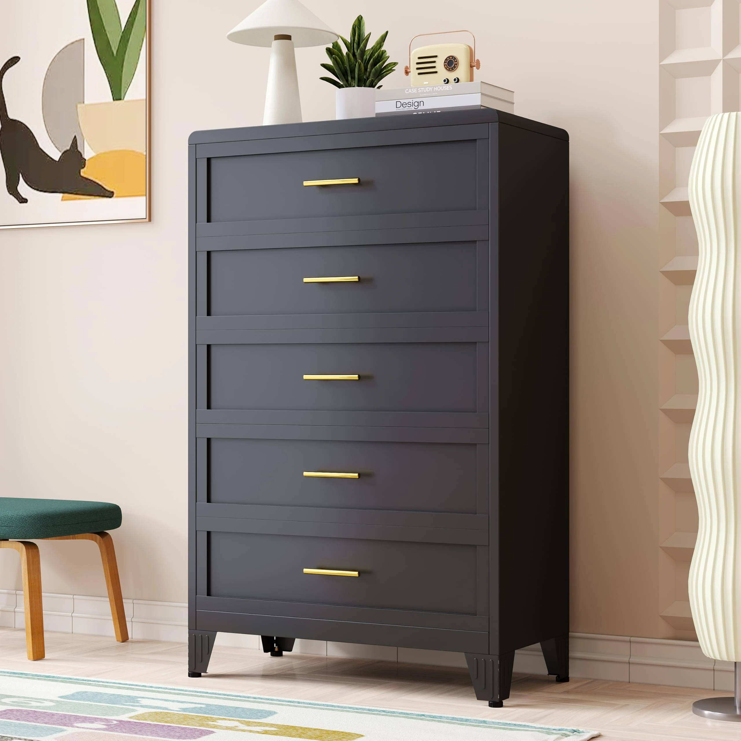 winiowa 5 Drawers Dresser for Bedroom, Metal Dresser & Chest of Drawers, Tall Storage Cabinet Drawers Organizer with Large Storage Space, Steel Chest of Drawers for Living Room, Hallway(Black)