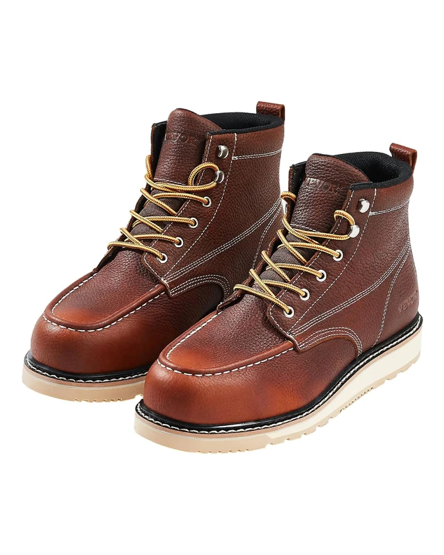 VEVOR Steel Toe Work Boots, UK Size 10, Waterproof Moc Toe Work Boots for Men, Slip-Resistant Work Boot, Lightweight and Breathable EVA Rubber Sole Mens Boots for Industry Construction, Brown - Image 1