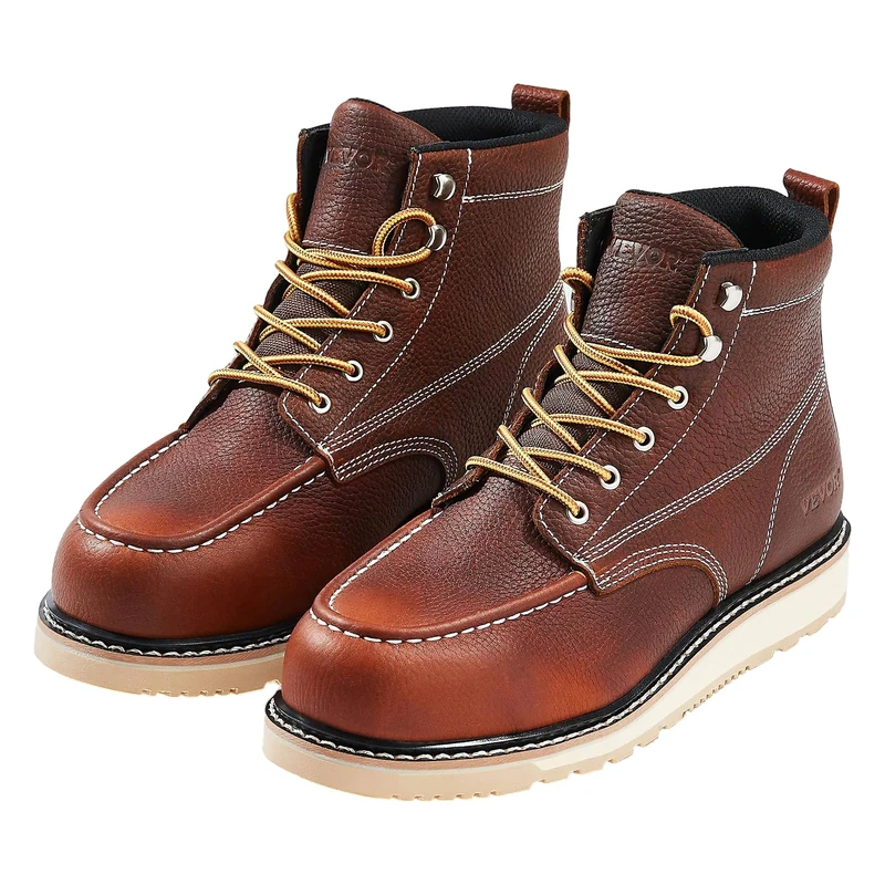 VEVOR Steel Toe Work Boots, UK Size 9.5, Waterproof Moc Toe Work Boots for Men, Slip-Resistant Work Boot, Lightweight and Breathable EVA Rubber Sole Mens Boots for Industry Construction, Brown