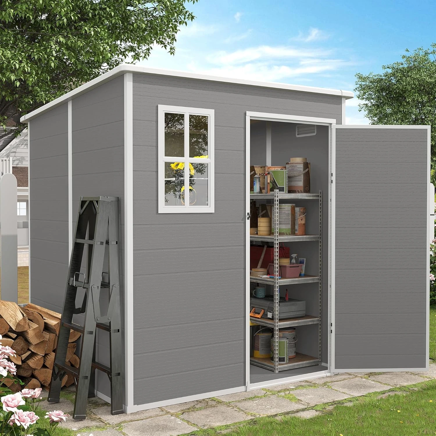 Amopatio Outdoor Resin Storage Shed 6x6 FT, Plastic Garden Shed for Bike, Garbage Can, Tool, Outside Sheds & Outdoor Storage Storage Box with Lockable Door for Backyard, Patio, Lawn, Grey & White