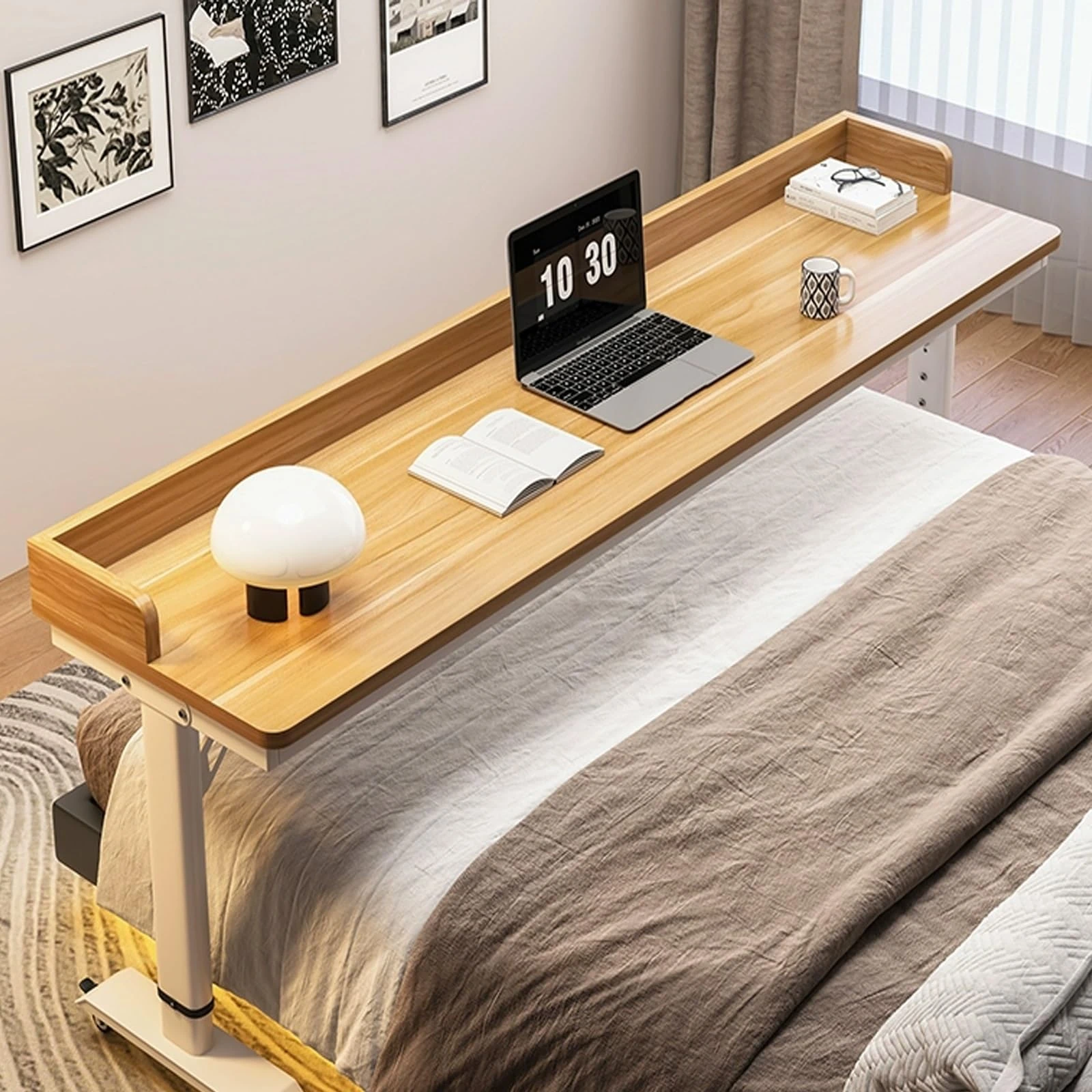 DSEWTEZXI Adjustable height overbed table for laptop with wheels, over the bed working table with Baffles, Home Mobile bed desk, hospital rolling bed table, bedroom overbed table.