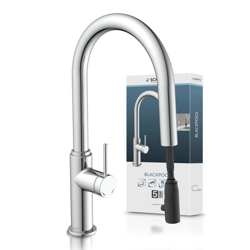 SCHÜTTE Blackpool 79516 Kitchen Tap with Pull-Out Spray, 360° Kitchen Faucet, Single Lever Mixer Tap with Extendable Shower Head in Chrome