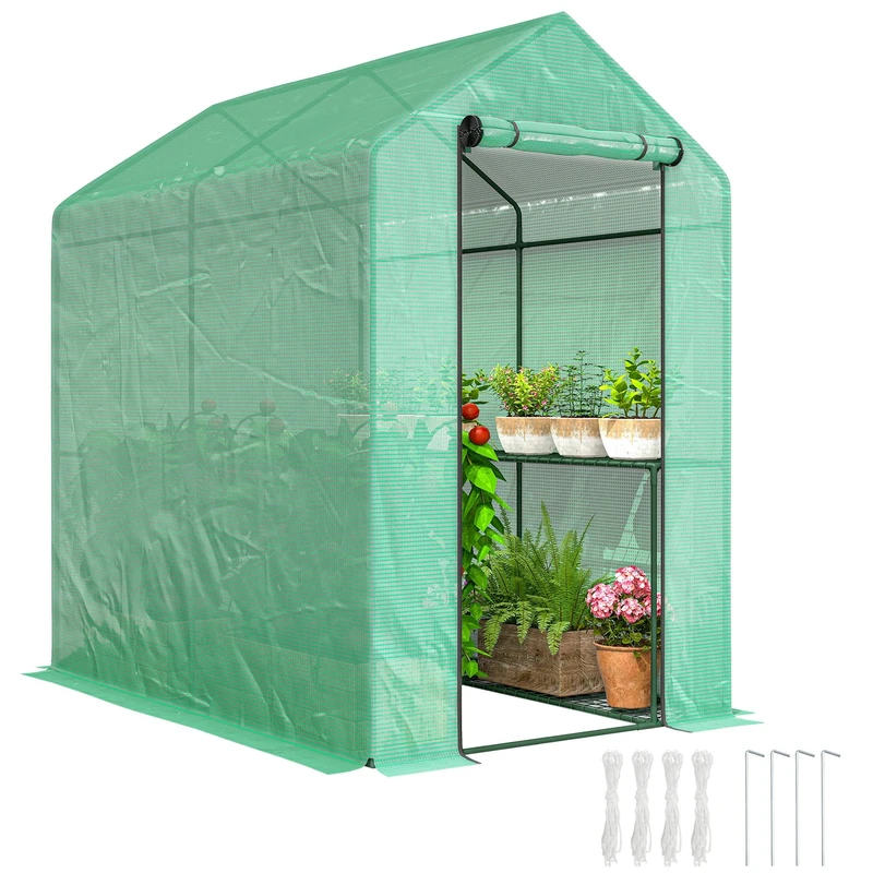 Outsunny Walk-in Greenhouse with 2 Tier 4 Shelves, Small Greenhouse with Reinforced PE Cover, Garden Plant Growhouse with Roll-up Door, 120 x 186 x 190 cm, Green