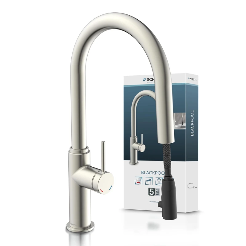 SCHÜTTE 79526 Blackpool Kitchen Faucet with Pull-Out Dish Shower, 360° Kitchen Tap Mixer Tap with Single Lever Mixer Tap Sink Fitting with Sprayer Extendable in Stainless Steel