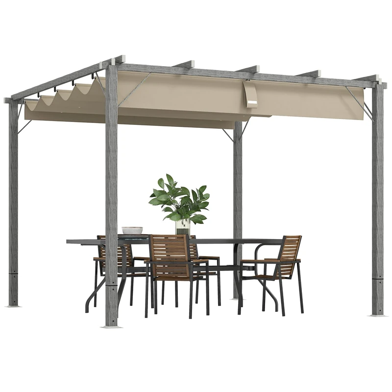 Outsunny 3 x 3(m) Garden Pergola with Retractable Roof Canopy and Wood Grain Aluminium Frame, Outdoor Gazebo Pergola Kit, UPF30+ Sun Shade Shelter for Deck, Porch, Grey