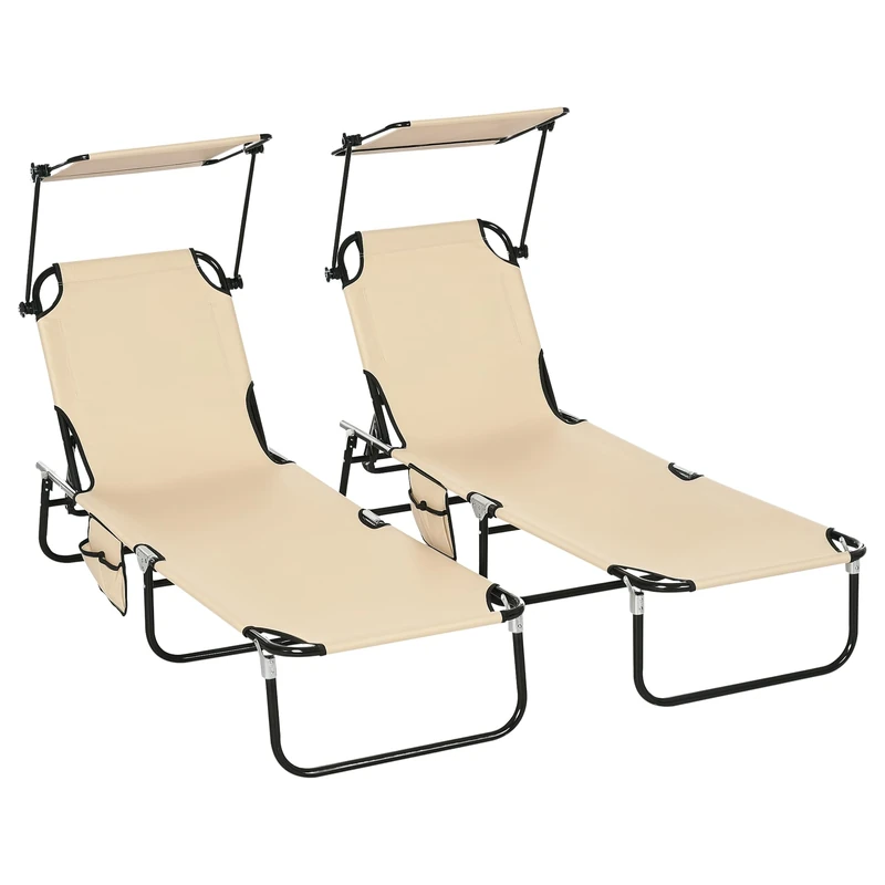 Outsunny 2 Piece Folding Sun Loungers with Canopy, Adjustable Recliner Garden Chairs with Side Pocket, Steel Frame and Breathable Mesh for Outdoor, Pool, Beach, Garden, Tan Brown