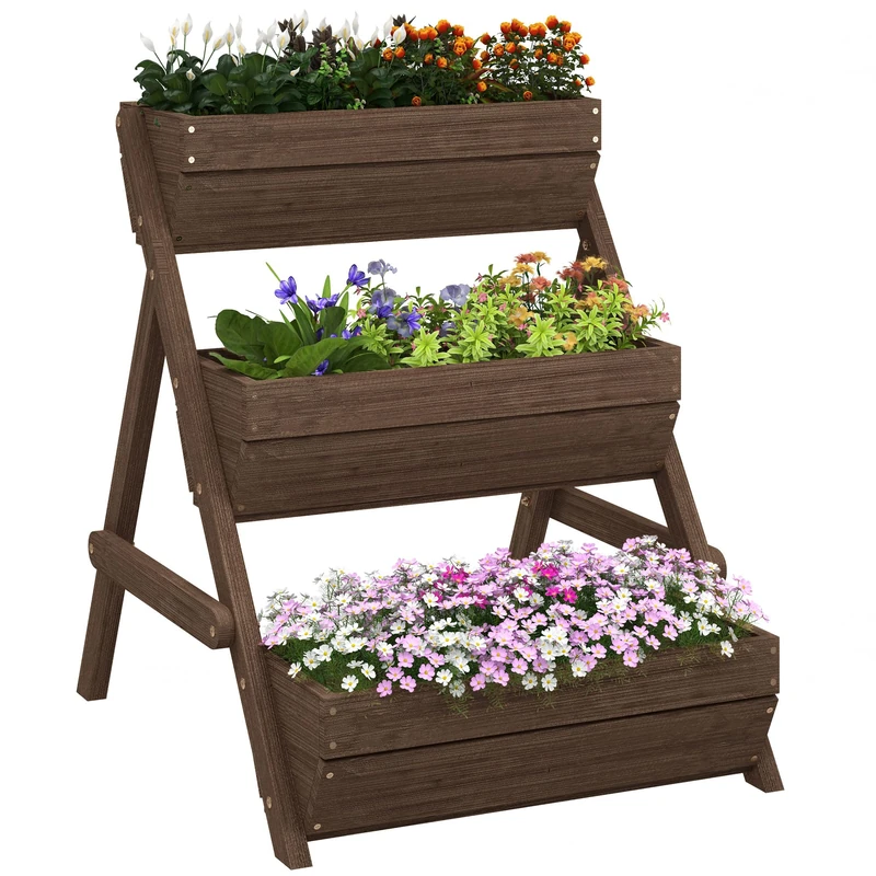Outsunny 3 Tier 66L Raised Garden Bed Wooden Elevated Planter Box Kit for Flower, Vegetable, Herb, 65 x 75 x 76cm, Tan - Image 1