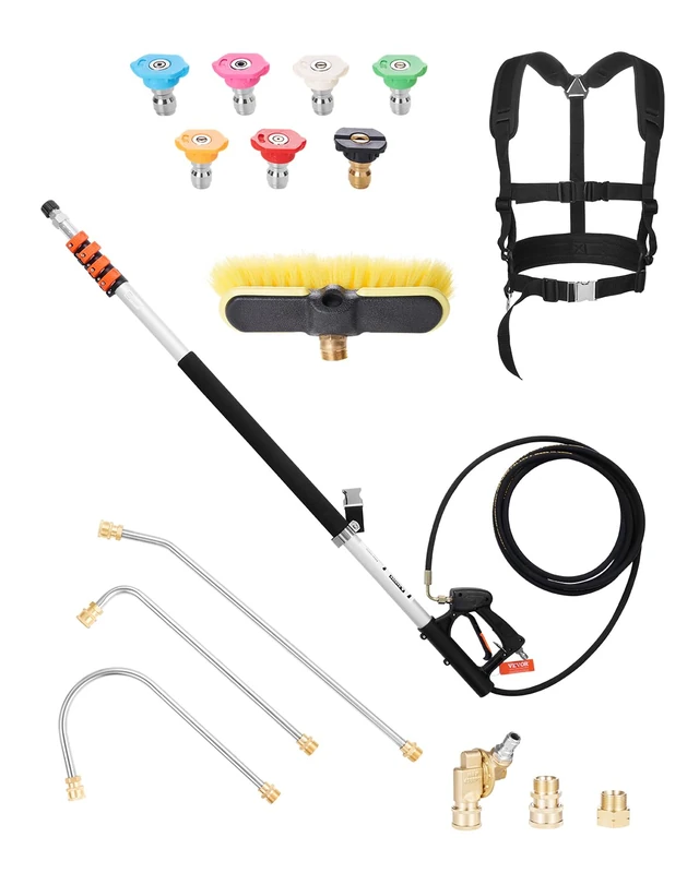 VEVOR Pressure Washer Telescoping Wand, 21 ft, 4000 psi, Telescopic Spray Wand with Power Washer Extension Wands, Gutter Cleaner, Brush Head, Pivoting Coupler, 7 Spray Nozzles and Support Harness