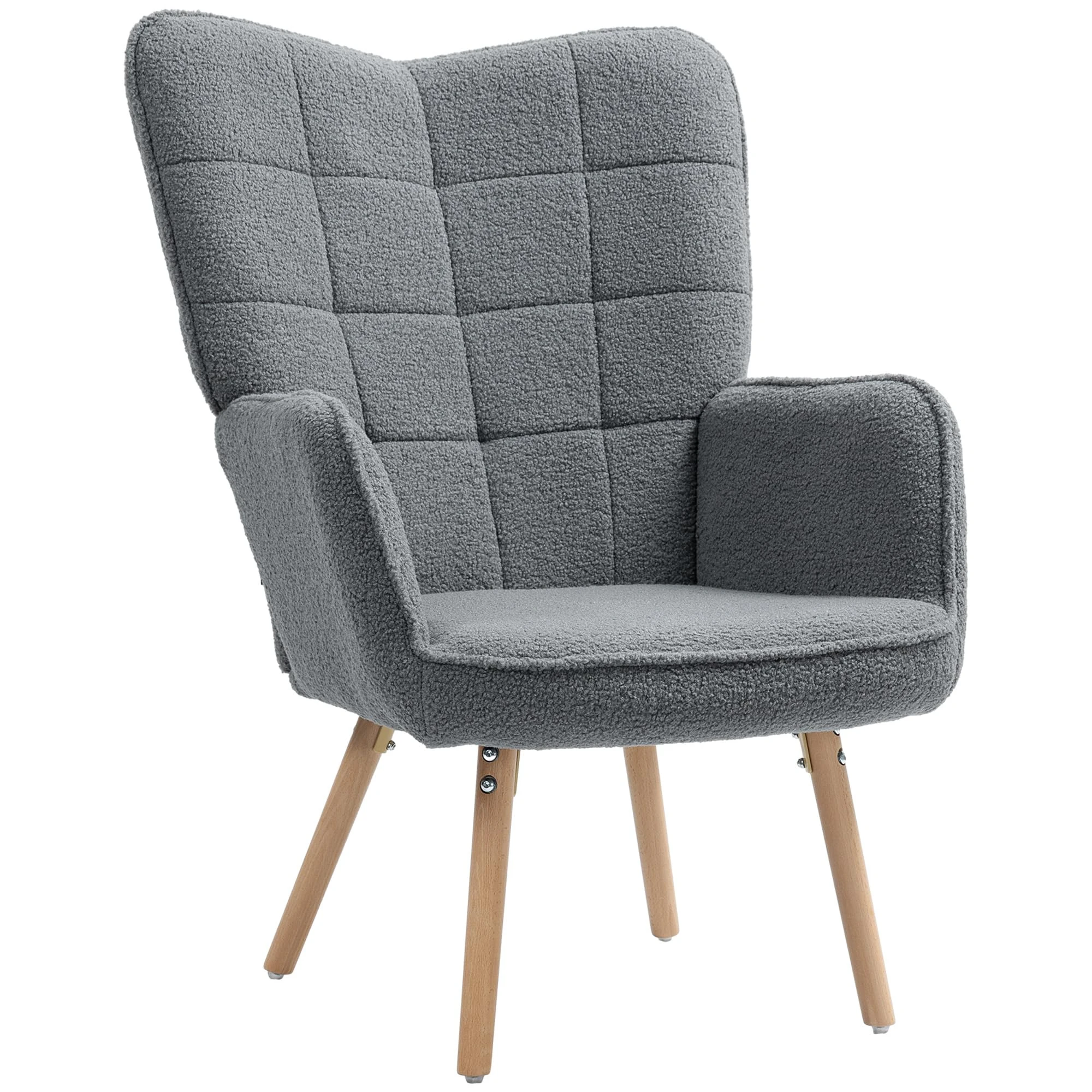 HOMCOM Modern Accent Chair, Upholstered Tufted Wingback Armchair with Seat Padding, Teddy Fleece Leisure Lounge Bedroom Chair with Wood Legs, Dark Grey