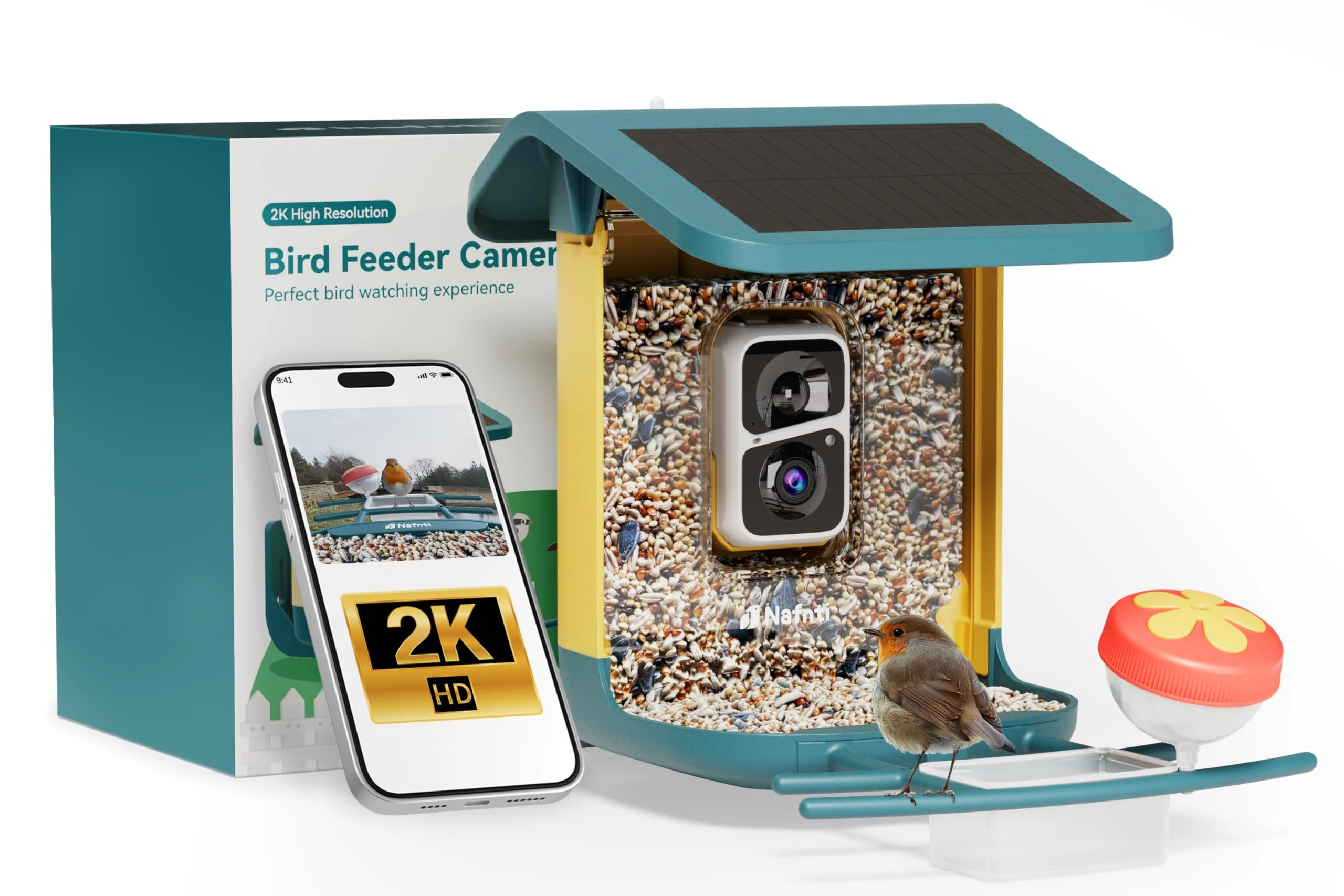 2K Bird Feeder with Camera, Solar Powered, AI Identify 10,000+ Birds, 1.8L Capacity, IP65 Waterproof, 2.4GHz/5GHz, Bird Box Camera with Full Color Night Vision, Present for Bird Lover