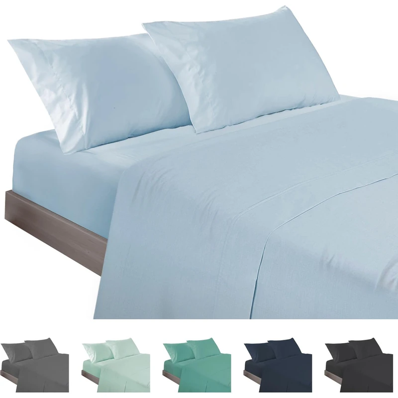 ECOMMERC3 | 4 Piece Sheet Set for 180 Bed Made in Spain - Sheet Set with Fitted Sheet, Top Sheet and 2 Pillowcases Sky Blue, Extra Soft and Lightweight Sheet