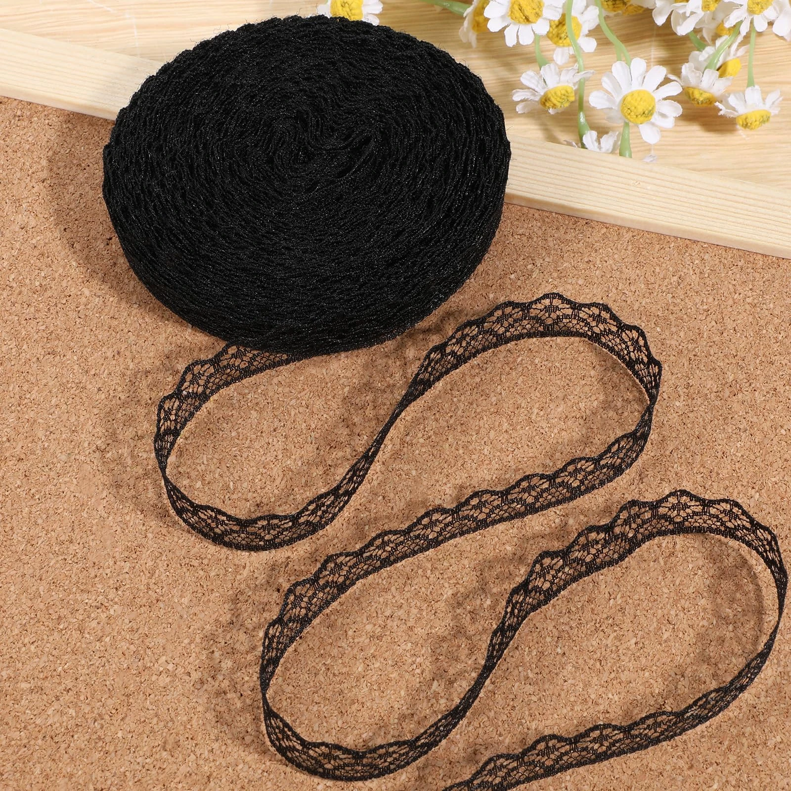 Xthrotsenk 30 Yards Black Polyester Lace Ribbon Roll, 0.6 Inch Wide, Victorian Style, Floral Polka Dots Pattern, Wedding Occasion