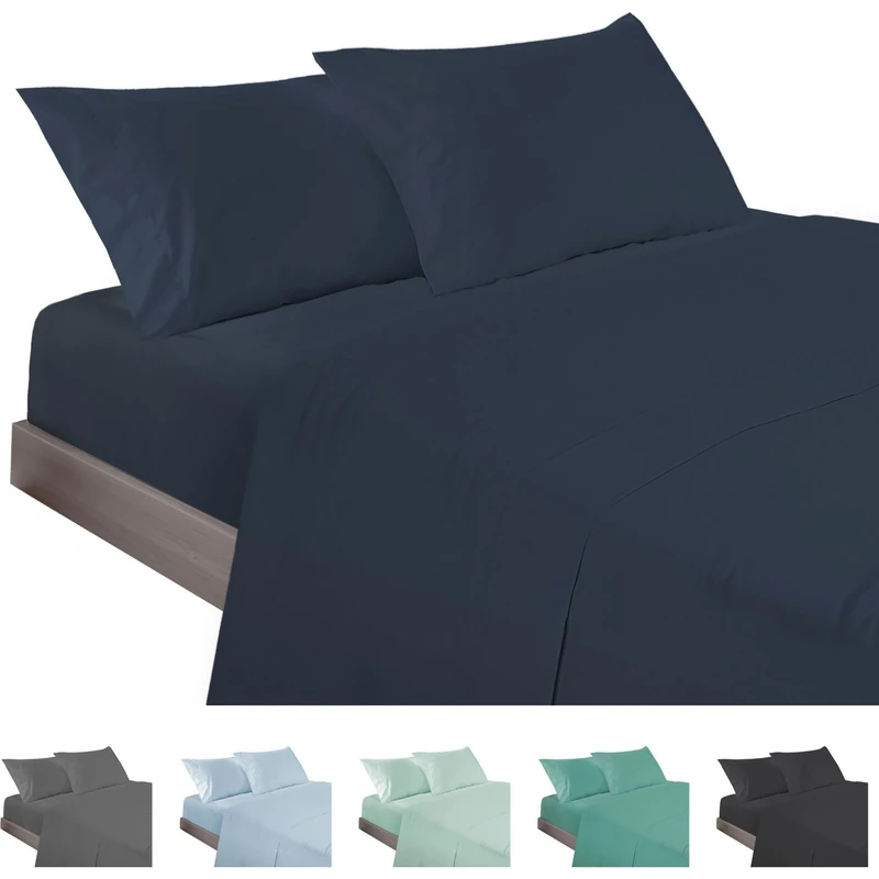 ECOMMERC3 | 3 Piece Sheet Set for 135cm Bed Made in Spain - Sheet Set with Fitted Sheet, Top Sheet and 1 Pillowcase Navy Color, Extra Soft and Lightweight Sheet