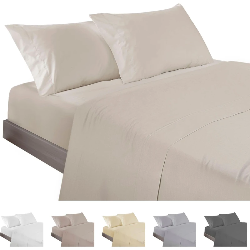 ECOMMERC3 | 3 Piece Sheet Set for 135cm Bed Made in Spain - Sheet Set with Fitted Sheet, Top Sheet and 1 Pillowcase Beige, Extra Soft and Lightweight Sheet
