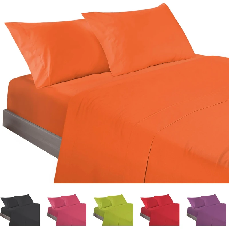 ECOMMERC3 | 4-Piece Bed Sheet Set 200 Made in Spain - Sheet Set with Fitted Sheet, Top Sheet and 2 Pillowcases 45 x 110 cm Orange