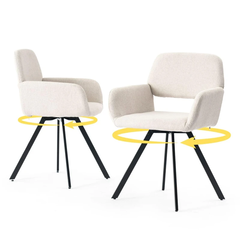 39F Furniture Dream Modern Beige Set of 2 Office Chairs, Swivel Design, Upholstered Armchair 360° Swivel Chair for Kitchen Office Living Room, Beige, 57x53x81.5cm