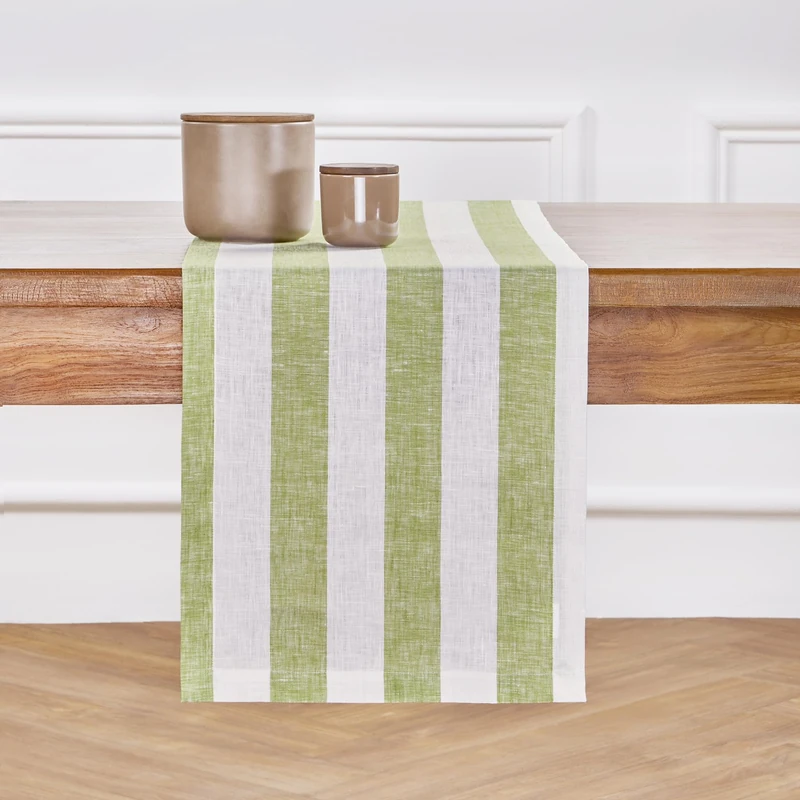 Solino Home Linen Table Runner 132 Inches Long - Cabana Stripe, 100% Pure Linen Green and White Table Runner 14 x 132 Inch for Dining