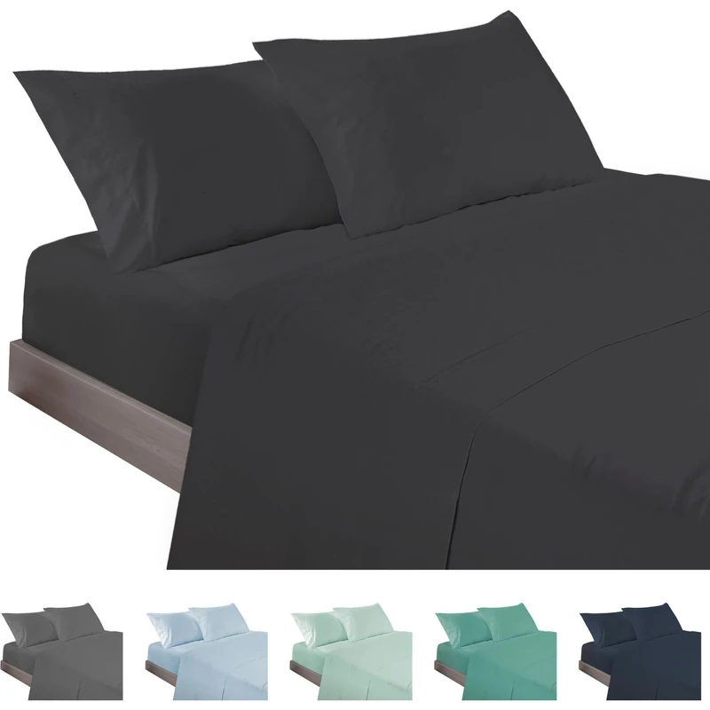 ECOMMERC3 | 3 Piece Sheet Set for 135cm Bed Made in Spain - Sheet Set with Fitted Sheet, Top Sheet and 1 Pillowcase Black Color, Extra Soft and Lightweight Sheet