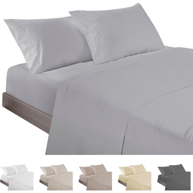 ECOMMERC3 | 4-Piece Bed Sheet Set 200 Made in Spain - Sheet Set with Fitted Sheet, Top Sheet and 2 Pillowcases 45 x 110 cm Silver Grey