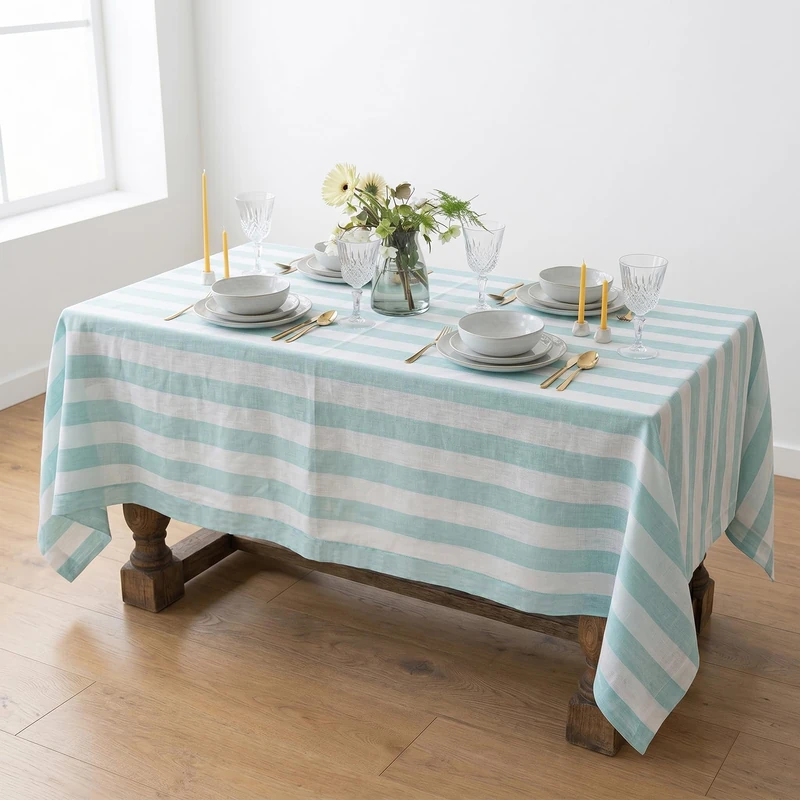 Solino Home 100% Pure Linen Tablecloth, 60 x 90 in, Aqua and White Striped