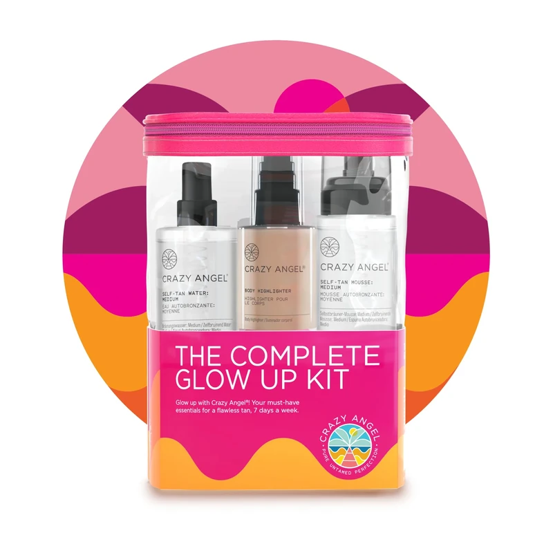 Crazy Angel Complete Glow-Up Self-Tanning Kit | Clear Self-Tan Mousse, Self-Tan Water, Body Highlighter, Headband & Cosmetic Bag | Streak-Free, Vegan & Cruelty-Free with Hyaluronic Acid