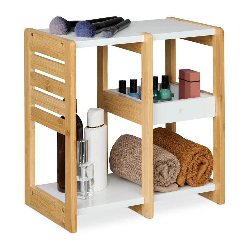Relaxdays Bamboo Shelf, 3 Tiers, HxWxD: 35x34x20 cm, Freestanding Shelving Unit, Bathroom & Kitchen, MDF, Natural/White
