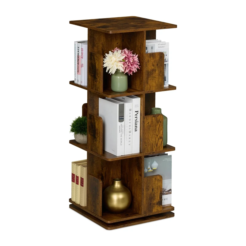 Relaxdays Rotating Bookcase, 360-Degree Swivel, 3 Tiers, 95x39x39 cm Shelves for Books & CDs, Industrial Design, Brown, Steel, Fibreboard