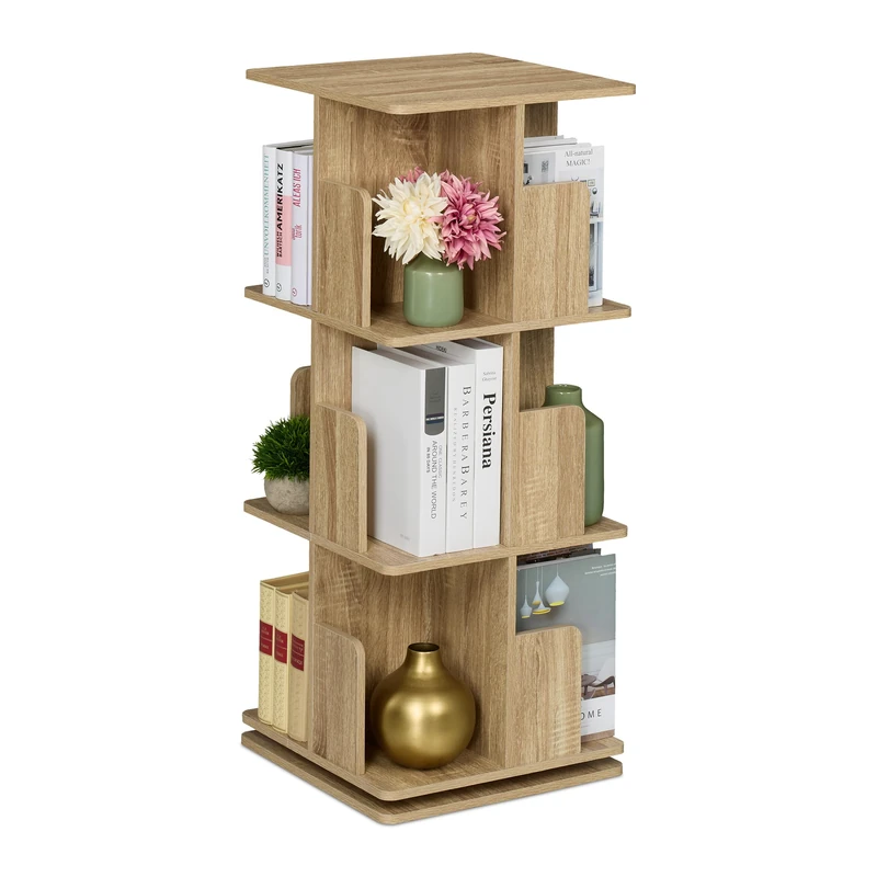 Relaxdays Rotating Bookcase, 360-Degree Swivel, 3 Levels, Shelves for Books & CDs, Wood Effect, 95 x 39 x 39 cm, Natural, Fibreboard, Steel