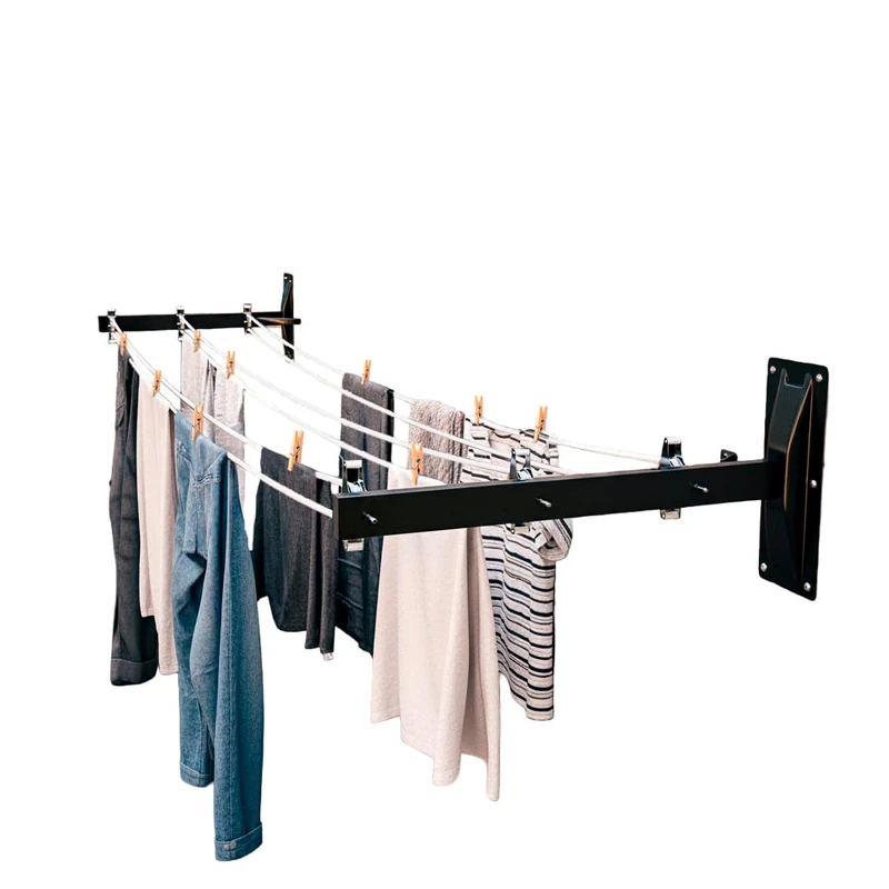 Amig - Side Wall-Mounted Clothes Airer Mod. 3-2-Arm Clothes Line with 6 Stainless Steel Pulleys - For 3 Lines - Steel with Epoxy Coating - Outdoor Use - 450 mm - Fixing Accessories - Black Colour