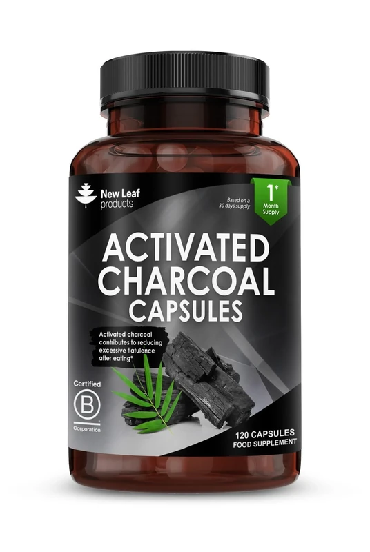 Activated Charcoal Capsules - 120 High Strength Activated Charcoal Tablets Alternative - 1040mg Per Serving, Helps Reduce Excessive Flatulence After Eating - Made in UK by New Leaf