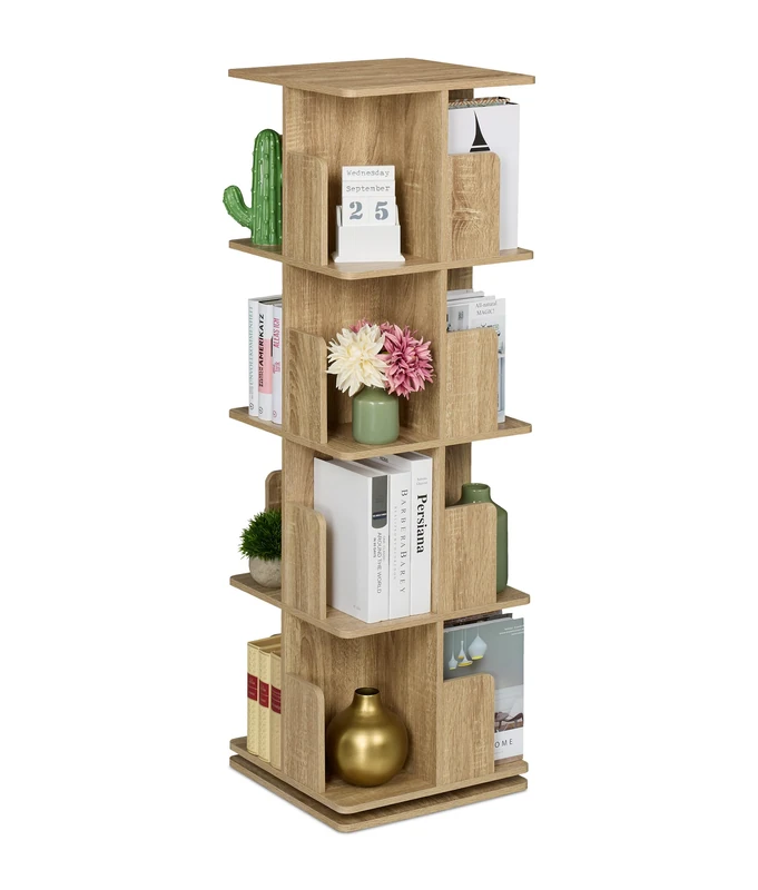Relaxdays Rotating Bookcase, 360-Degree Swivel, 4 Levels, Shelves for Books & CDs, Wood Effect, 125.5x39x39 cm, Natural - Image 1