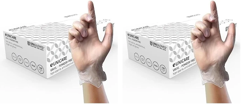 UNIGLOVES Unicare Vinyl Multipurpose Disposable Gloves, Powder Free, Latex Free, Medium Weight, Box of 100 Gloves, Clear, Size Small (GS0062) (Pack of 2)