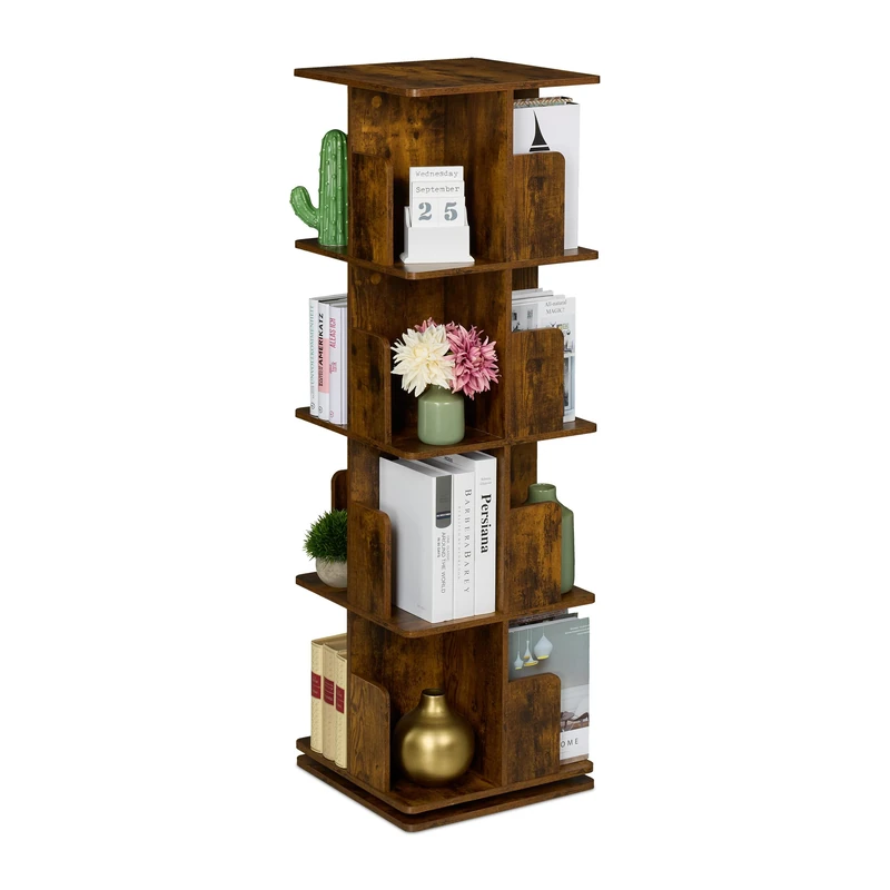 Relaxdays Rotating Bookcase, 360-Degree Swivel, 4 Tiers, 125.5x39x39 cm Shelvf for Books & CDs, Industrial Design, Brown